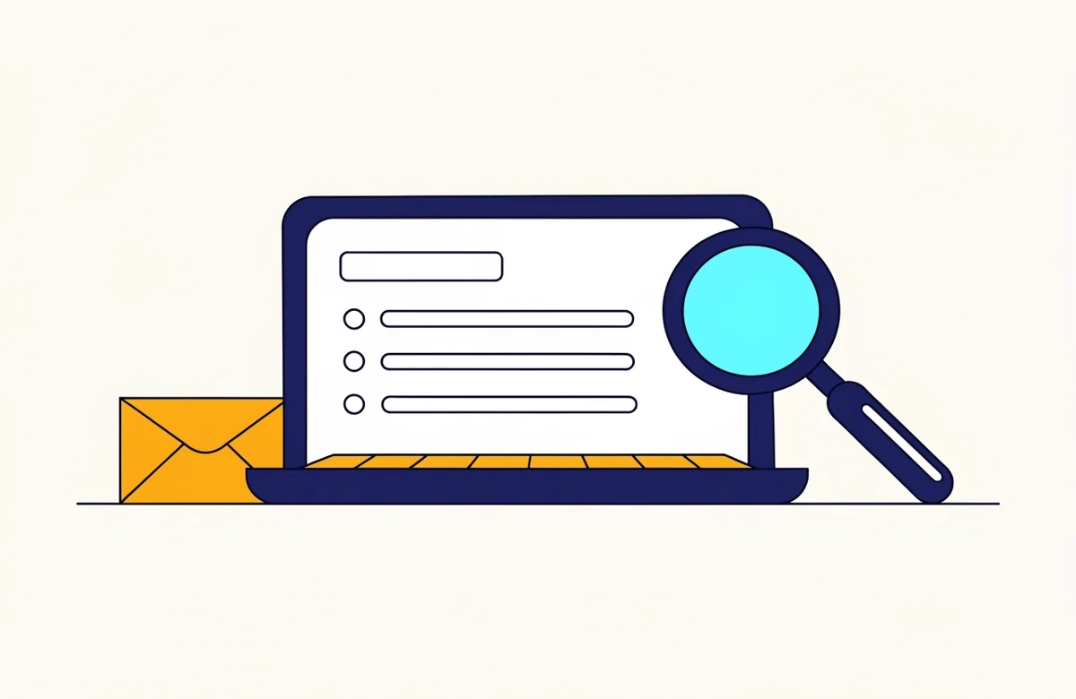 A laptop with an empty search field and rows of results, a large magnifying glass and an envelope beside it.