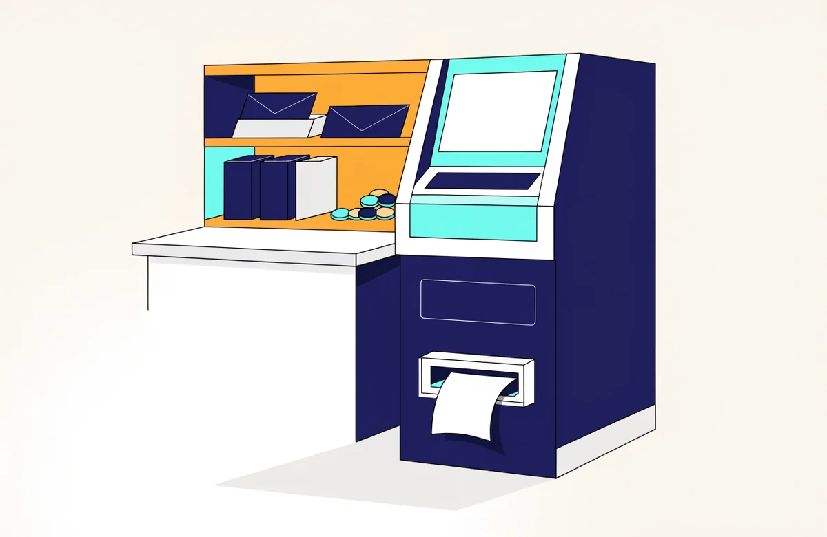 A freestanding cash machine with a receipt coming out of its slot, next to a shelf with envelopes and coins.