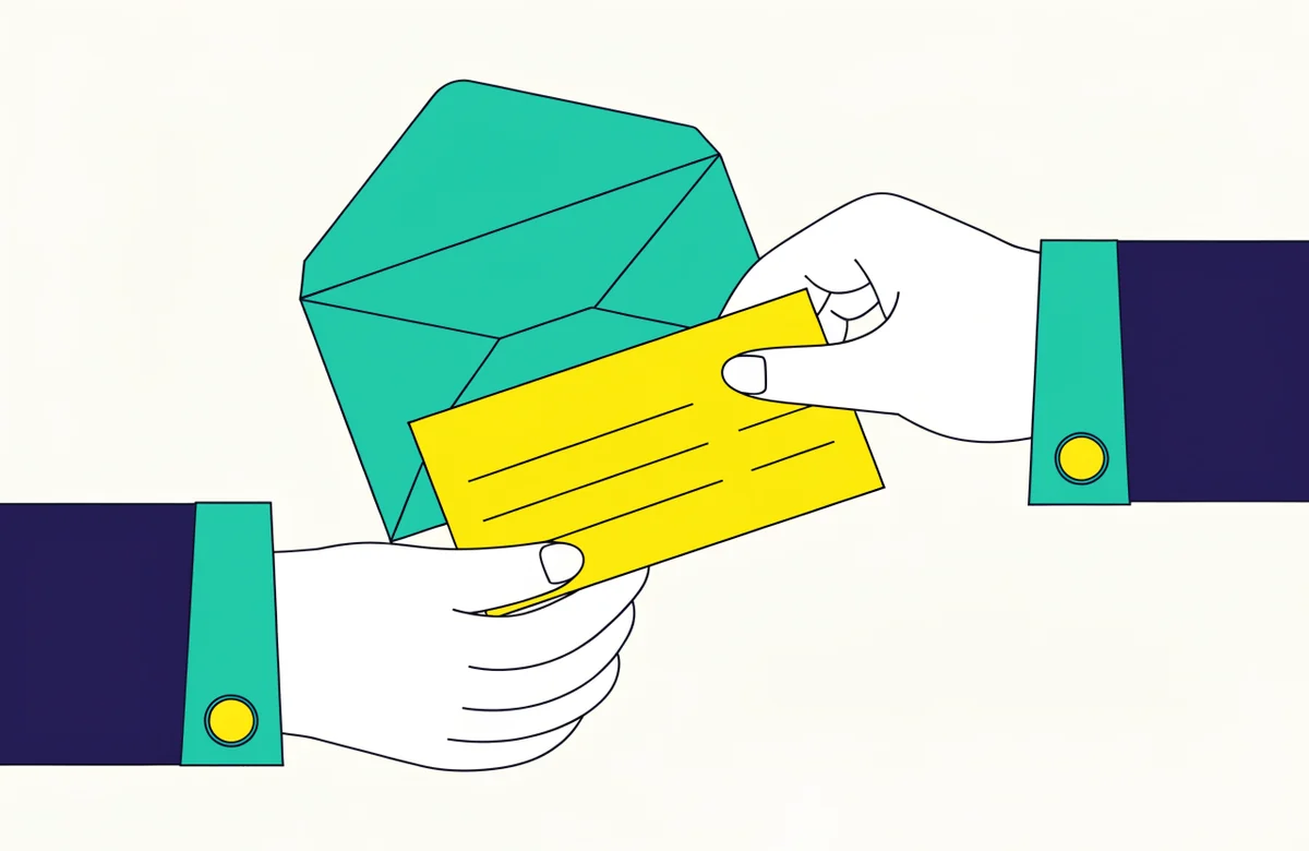 Two hands passing a yellow paper check out of a green envelope.