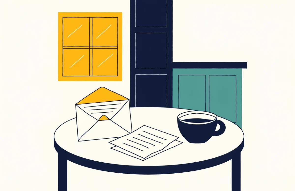 An opened envelope and a folded letter on a round table beside a cup of coffee, with a window behind.